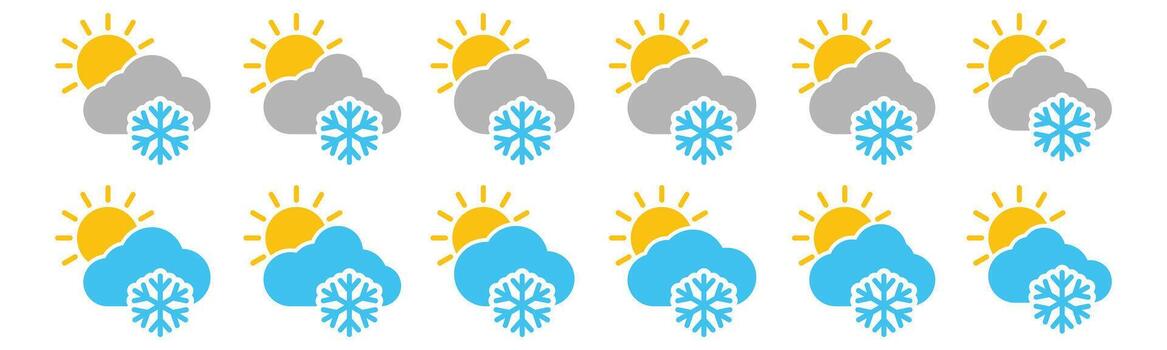 Hot weather snowing icon set. Snowflake, sun, and cloud icon. Sunny rainy weather. Snowing weather icon collection. Snowfall icon . Snowing icon symbol for apps and websites. Illustration vector