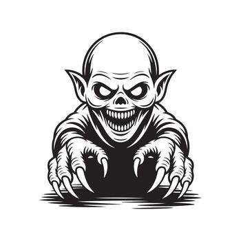 Monochrome monster with sharp claws and sinister smile creeps forward menacingly across ground vector