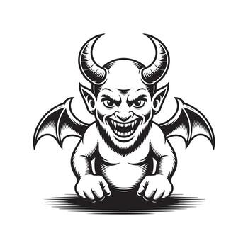 Angry cartoon demon reveals sharp teeth and tiny wings in a striking monochrome sketch vector