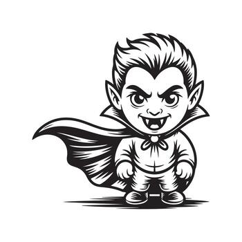 Smiling vampire with a cape stands prominently, showcasing a simple, monochrome image vector