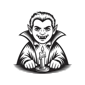 Monochrome vampire with fangs sits with hands near a candle on a white background vector