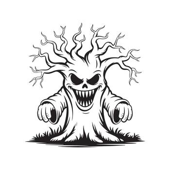 escalofriante fantasma árbol monstruo garras adelante con amenazador mueca terminado césped en contra blanco vector