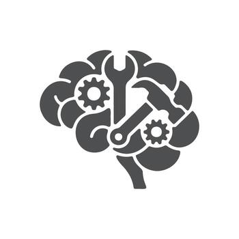 Brain with gears, wrench, and hammer symbolizing cognitive process vector