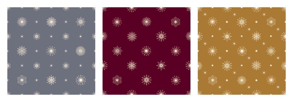 un conjunto de sin costura invierno patrones. copos de nieve en borgoña, oro y plata antecedentes. vector