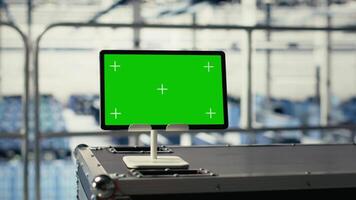 verde pantalla tableta en alto tecnología datos centrar con máquinas verificando blockchain actas. croma llave dispositivo en industrial servidor granja con hardware Procesando tokens intercambios video