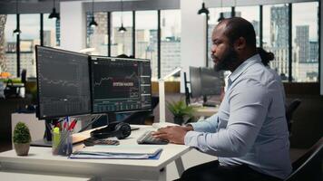 Trader frightened by security alert on PC after hacker uses exploit to penetrate systems. Brokerage company worker responds to cyberattack, protecting client account from unauthorized access, camera A video