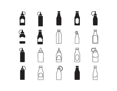 A variety of bottle icons displaying filled, solid, and outline styles, along with different shapes of condiment containers on a clear background vector