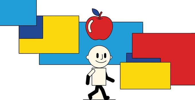 Abstract Colorful Blocks with Walking Person and Apple vector
