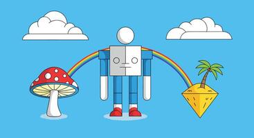 Playful Robot with Rainbow Connecting Fantasy Worlds vector