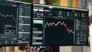 Close up of stock exchange metrics candlestick charts displayed on computer monitors in investment firm office. Workstation in asset management company with live financial data visible on PC displays video