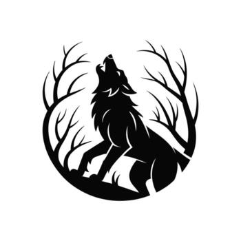 Silhouette Illustration of a Howling Wolf Surrounded by Bare Trees in Circular Frame vector