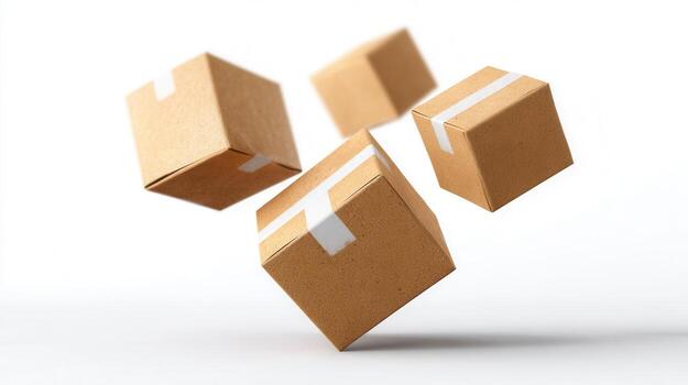 Four closed cardboard boxes taped shut are floating against a white background, creating a dynamic image and delivery shipping photo