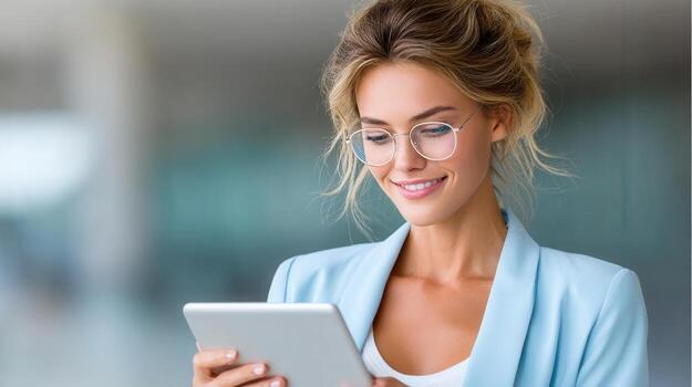 Professional woman working tablet, smiling confidently while utilizing wireless technology in contemporary corporate environment photo