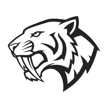 Tiger Logo, Black and white tiger head roaring with displaying its sharp Large teeth and powerful jaws. vector