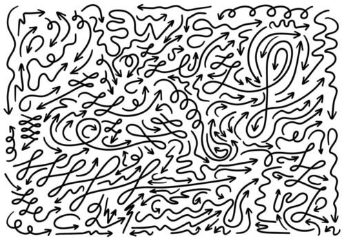 Big set of hand drawn simple black arrows in different directions and styles. Minimalist doodle arrow set for design. Arrows in multiple directions including curly, circular, and rotation symbols. vector