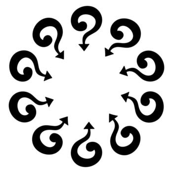 Circle frame with cartoon question marks and arrows pointing to the center, hand drawn in doodle style. Fun illustration for quizzes, posters, presentations, educational and creative projects. vector