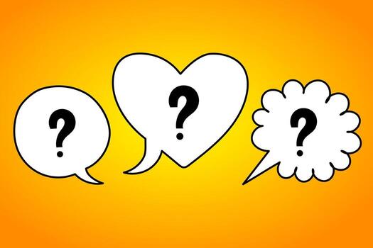 illustration of speech bubbles with question marks, including a heart-shaped bubble symbolizing love, relationships, curiosity and emotional uncertainty. Perfect for creative projects. vector