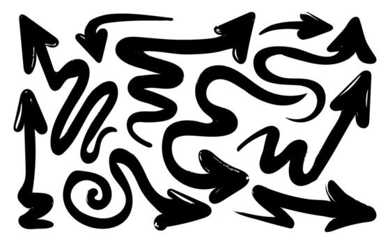 flechas conjunto mano dibujado negrita creado con cepillo y marcador. garabatear grueso flechas en múltiple direcciones incluso ondulado, circular, y rotación simbolos negro bosquejo flechas con tambalearse efecto en grunge vector