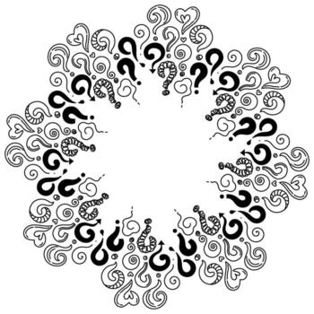 Circle frame with cartoon question marks drawn by hand in doodle style. Outline icons perfect for quizzes, school materials, infographics, posters and design templates. vector