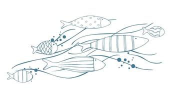 School of fish swimming on water waves and bubbles, with the current, elongated composition. Hand drawn linear illustration graphic. Decorative composition for greeting cards, notepads and web headers vector