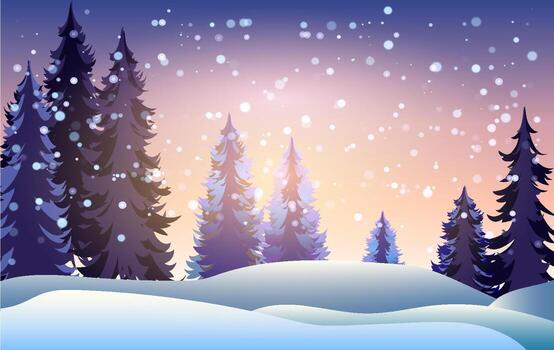 A serene winter landscape features tall evergreen trees dusted with snow under a sky filled with softly falling snowflakes. The scene captures the essence of Christmas tranquility at dusk. vector