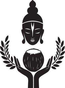 Spiritual Icon A serene depiction of a deity's head, accompanied by a sacred coconut held with open hands. Emphasizing themes of devotion, faith, and traditional beliefs. vector