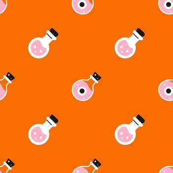 Víspera de Todos los Santos y brujería sin costura modelo con poción botellas en naranja antecedentes. linda místico impresión para envase, textil y cubrir. vector
