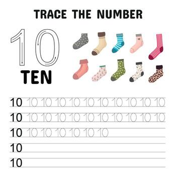 Fun and engaging tracing worksheet for learning the number 10. Children trace the number and count 10 colorful socks. Ideal for preschool and kindergarten math and handwriting practice. vector