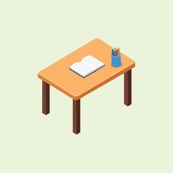 Illustration of an isometric study table with an open book and a colored pencil case, a symbol of educational atmosphere and creativity. vector