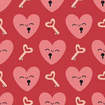 rosado corazón con llave modelo en rojo antecedentes. sin costura modelo con corazones. encantador romántico interminable antecedentes para san valentin día, fiesta diseño, tela. mano dibujado niños modelo con corazones. vector