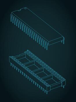 DIP socket with chip isometric blueprints illustration vector