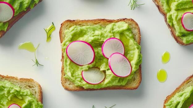 Top View of Healthy Avocado Toast with Radish photo