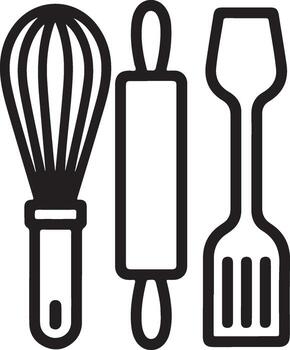 Essential Baking and Cooking Utensils Whisk, Rolling Pin, and Spatula Icon Set for Culinary Arts vector