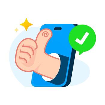 illustration of smartphone, thumbs up gesture, check mark symbol. mobile app approval, user confirmation, successful action, verified account, positive feedback, or digital agreement. for UI vector