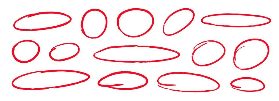 Red hand drawn circle set. Ellipse, round and oval sketched frame collection. Encircle element pack. Red marker note signs for mark, emphasis, accent, highlight. Scribbled doodle borders. vector