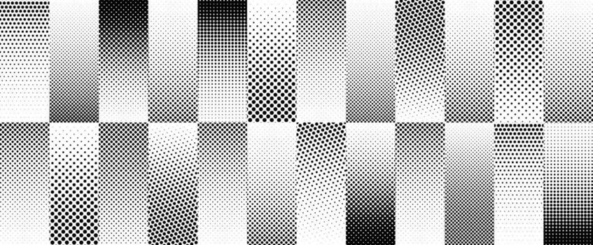 Halftone gradient stripes background. Fading dotted gradation lines wallpaper. Repeating dotwork strip pattern backdrop. Black and white parallel dot lines wallpaper for overlay, print, cover. vector