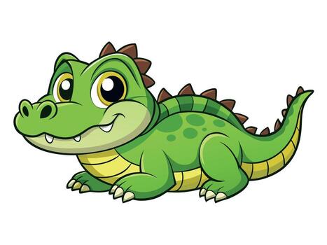 Cute cartoon crocodile with green scales isolated on white background, smiling with its sharp teeth showing vector
