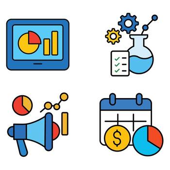 Data Analytics and Marketing Strategy colorful Icon set in white background.Business icons. vector