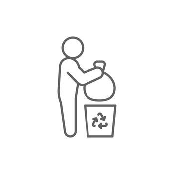 People and rubbish bin icon. Simple outline style. Person holding a sack of trash, cleanup, garbage, ecology, environment concept. Thin line symbol. Isolated design. Editable stroke vector