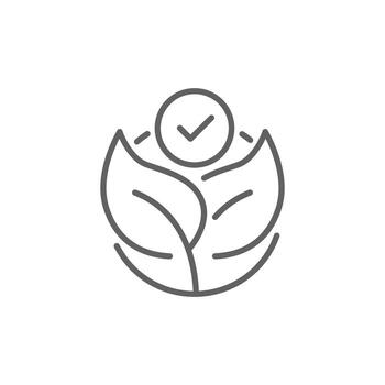 Eco acceptance icon. Simple outline style. Eco label with leaves and checkmark, tick, leaf, nature, tree, circle, plant, ecological concept. Thin line symbol. Isolated design. Editable stroke vector