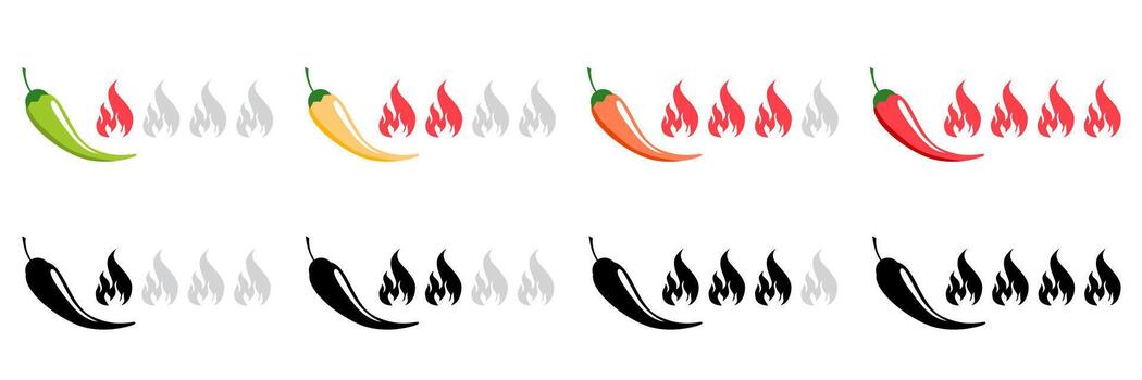 Chili heat level icon set for spicy food labels with pepper scale showing mild medium hot and extra spicy levels for sauces ketchup or menu design in red flat style vector