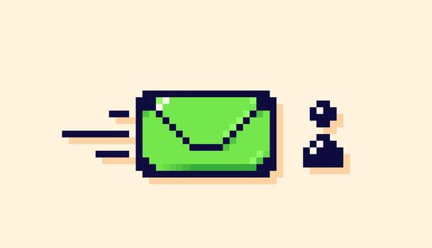 8-bit Y2K pixel art green envelop and the icon of a human. vector