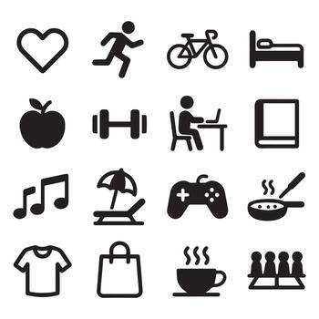 A set of black icons that include a bicycle, a computer, a heart, a computer, vector