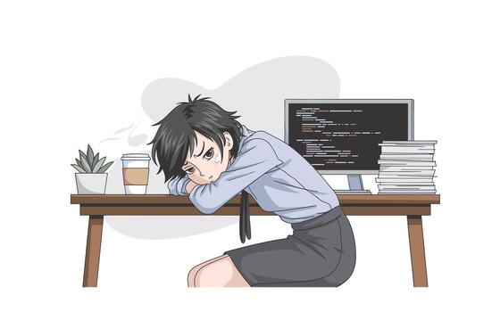 Anime Programmer Exhausted from Coding Young Woman Slumped at Her Desk with Coffee, Documents, and Code on Screen vector