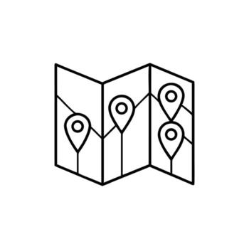 Folded Map with Location Pin Icons, Line Art on White Background vector