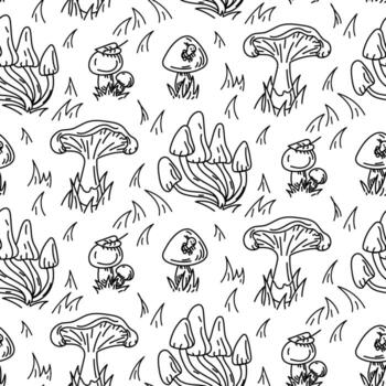 Pattern of wild mushrooms in the grass, scribbles. Mushroom with a worm, chanterelle, mushrooms. Graphics, engraving, and shading in a seamless texture. Black ink, marker. Forest, nature, recreation vector