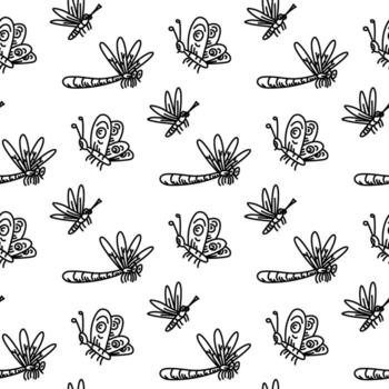 Pattern of forest insects, scribbles. Dragonfly, butterfly, mosquito. Graphics, engraving, and shading in a seamless texture. Black ink, marker. Forest, nature, recreation vector