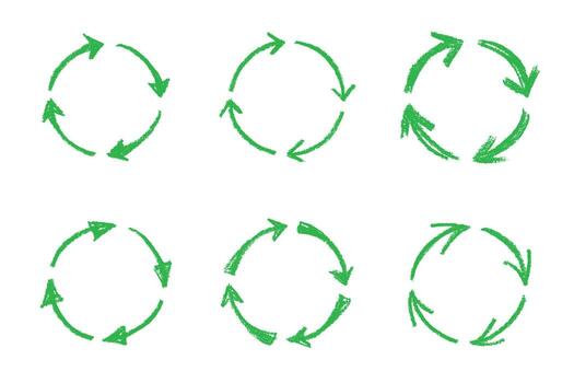 Set of hand drawn recycle arrow icon Recycling resources symbol Reuse of materials, zero waste, green environment, saving the planet rotation waste vector