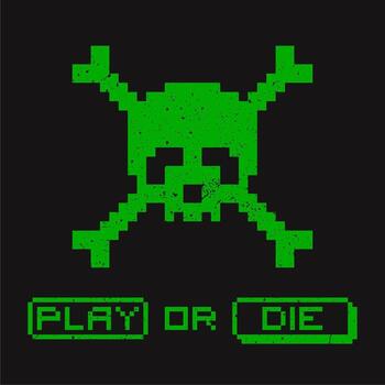 Retro computer game illustration with pixelated skull. buttons play vector