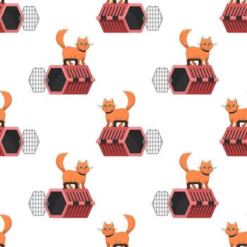 Cute red cat with carrier seamless pattern. Traveling with pets concept texture. Flat design, cartoon style. textile design. Cat got out from carrier vector